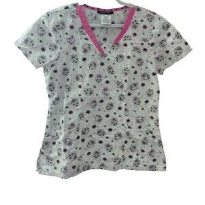 HeartSoul Women's V Neck White Owl Print Scrub Top Size Small